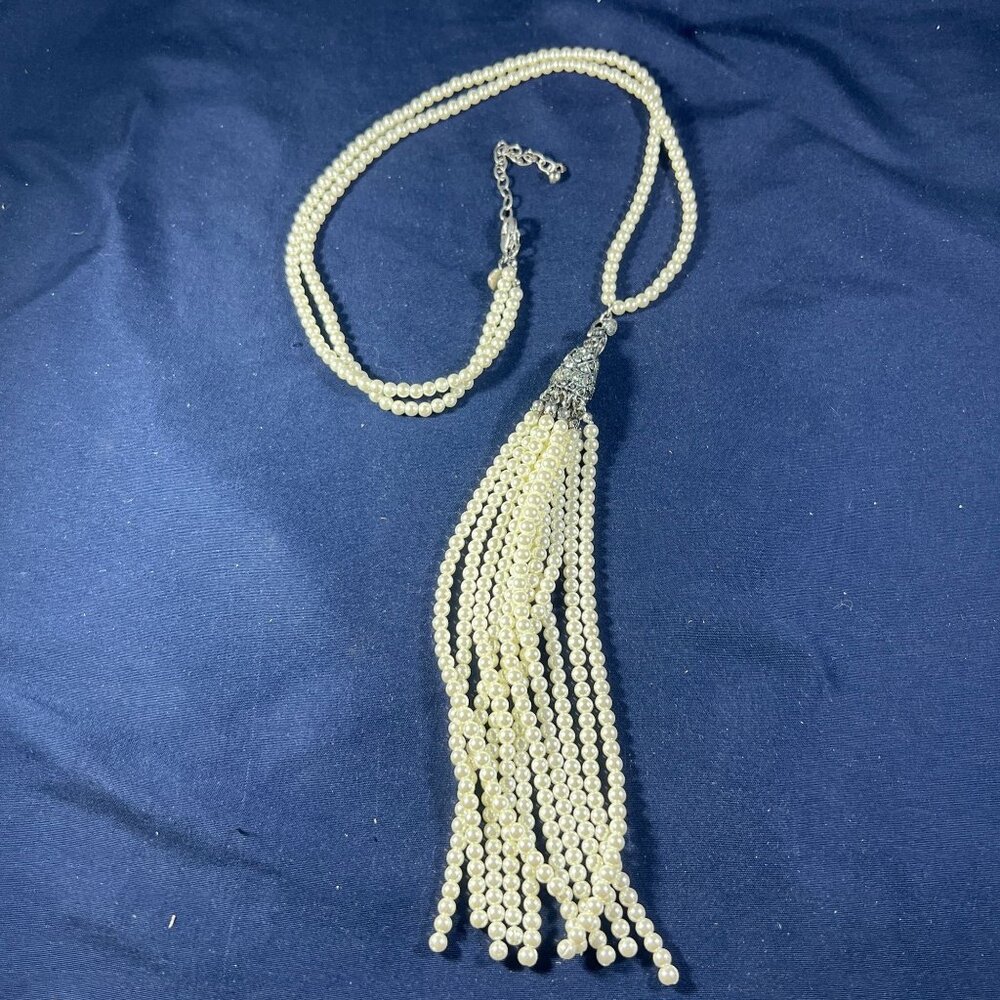 Elegant Faux Pearl Tassel Necklace With Silver-Tone Rhinestone Accents & Adjusta